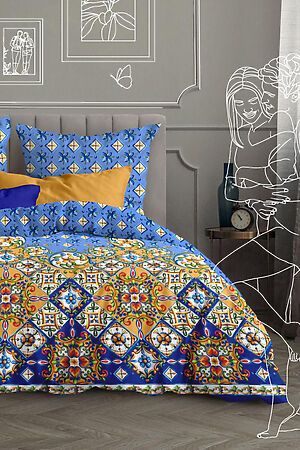 Комплект постельного белья 1,5-спальный TEIKOVO (Синий, Оранжевый) 731865 #715886