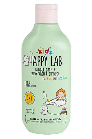 KRISTALLER Happy Lab Kids Средство 3 в 1: пена, гель, шампунь для нежной детской кожи и волос / Сладкое яблочко, 300 мл #1109422