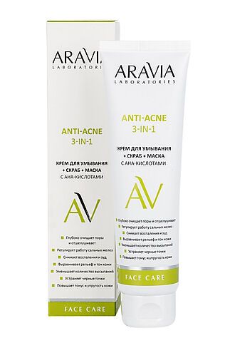 KRISTALLER Aravia Laboratories Крем для умывания + скраб + маска с AHA-кислотами / Anti-Acne 3-in-1, 100 мл #1179534