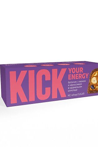 ЭКО-ПРОДУКТЫ Батончик 'KICK energy' арахисовый с изюмом и черносливом в карамельном шоколаде 45г #1188775
