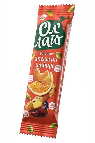 ЭКО-ПРОДУКТЫ Батончик фруктово-ореховый Ол`Лайт апельсин с имбирём 30г #1189790