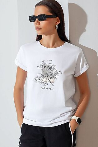 VILATTE Свободная футболка с принтом из премиального хлопка с эастаном #1228137