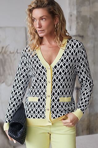 VILATTE Кардиган с V-вырезом жаккардовой вязки с принтом ромб #1229069
