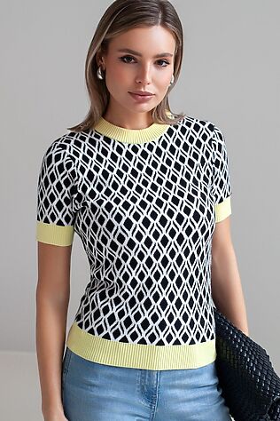 VILATTE Джемпер с коротким рукавом жаккардовой вязки с принтом ромб #1229090