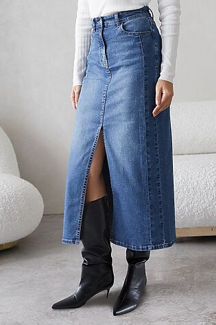 VILATTE Джинсовая юбка миди с разрезом из эластичного облегченного денима #1230669