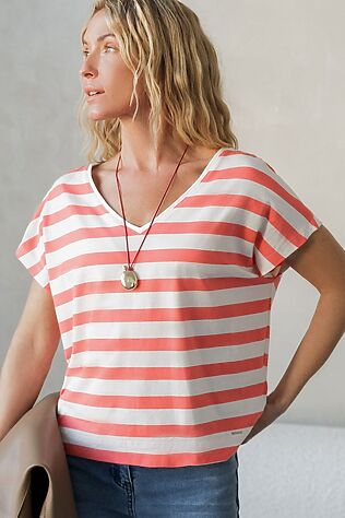 VILATTE Футболка в полоску с V-вырезом и цельнокроеным рукавом из премиального хлопка #1232417