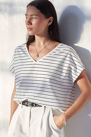 VILATTE Футболка в полоску с V-вырезом и цельнокроеным рукавом из премиального хлопка #1232418