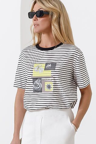 VILATTE Свободная футболка в черно-белую полоску с принтом из премиального хлопка с эластаном #1232427