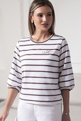 VILATTE Лонгслив в полоску с рукавами-буфами из премиального хлопка с эластаном #1232443