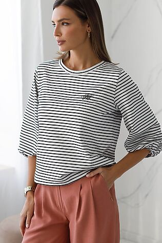 VILATTE Лонгслив в полоску с рукавами-буфами из премиального хлопка с эластаном #1232444