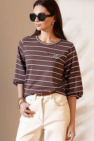 VILATTE Лонгслив в полоску с рукавами-буфами из премиального хлопка с эластаном #1232445