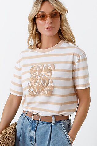 VILATTE Свободная футболка в полоску с принтом из премиального хлопка с эластаном #1233175