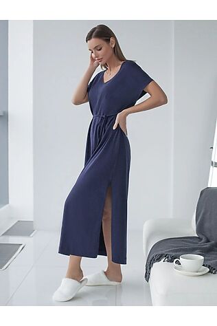 VILATTE Платье свободное с V-вырезом из 100% хлопка с поясом и разрезом #1237660