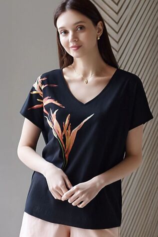 VILATTE Свободная футболка с V-вырезом и цельнокроеным рукавом из 100% хлопка с принтом #1237747