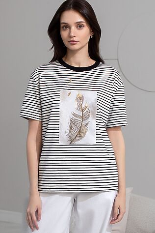 VILATTE Свободная футболка в черно-белую полоску с принтом из премиального хлопка с эластаном #1237972