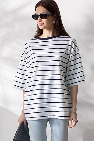 VILATTE Свободная футболка в полоску из премиального хлопка с эластаном #1237978