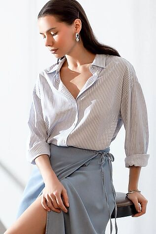 VILATTE Блузка свободного силуэта в тонкую полоску из эластичного хлопка #1239315