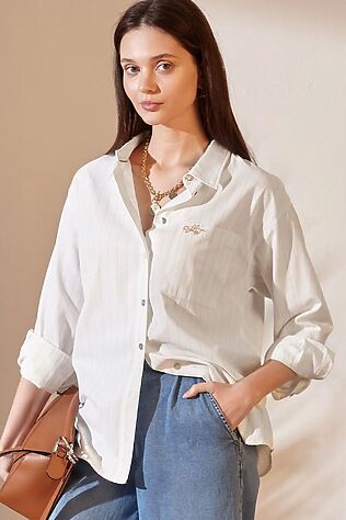 VILATTE Блузка свободного силуэта в тонкую полоску из эластичного хлопка с добавлением льна #1239317