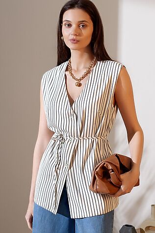 VILATTE Удлиненный костюмный жилет в полоску с поясом из легкого хлопкового поплина #1242316