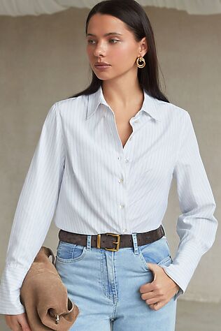 VILATTE Блузка свободного силуэта в тонкую полоску из эластичного хлопка с добавлением льна #1242322