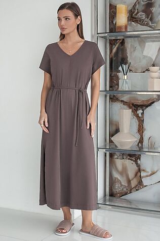 VILATTE Платье свободное с V-вырезом из 100% хлопка с поясом и разрезом #1242336