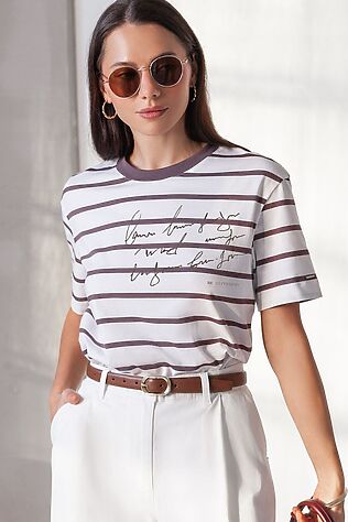 VILATTE Свободная футболка в широкую полоску с принтом из премиального хлопка с эластаном #1242408