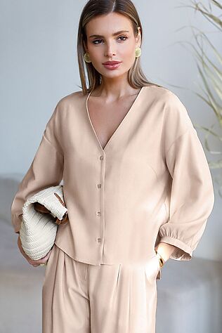 VILATTE Укороченная блузка с V вырезом из плотного лиоцелла #1243895