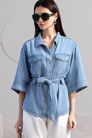 VILATTE Удлиненная блузка с поясом и карманами из джинсового лиоцелла #1243956