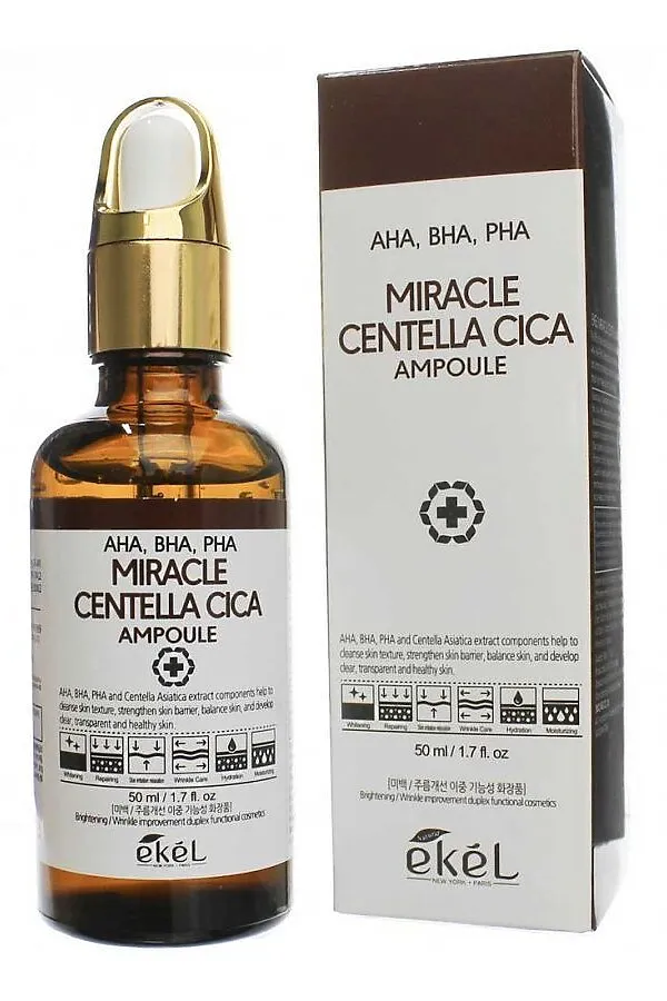 Ekel Ампульная сыворотка с кислотами / Miracle Centella Cica Ampoule (AHA, BHA, PHA) brown, 50 мл KRISTALLER, бесцветный - фото 1