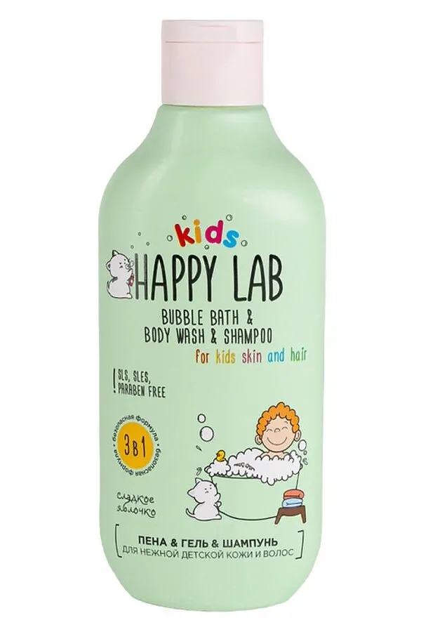 Happy Lab Kids Средство 3 в 1: пена, гель, шампунь для нежной детской кожи и волос / Сладкое яблочко, 300 мл KRISTALLER, зеленый - фото 1