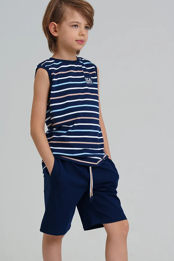 Комплект трикотажный для мальчиков: фуфайка (футболка), шорты PLAYTODAY, тёмно-синий,бежевый,белый - фото 1