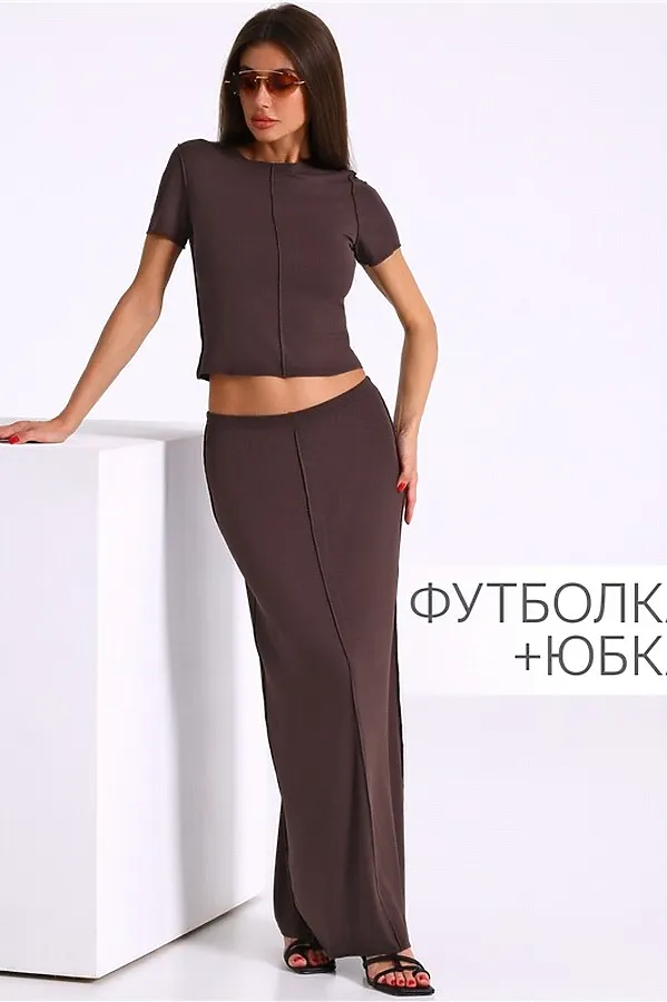 Комплект (Юбка+Футболка) АПРЕЛЬ, темно-коричневый - фото 1