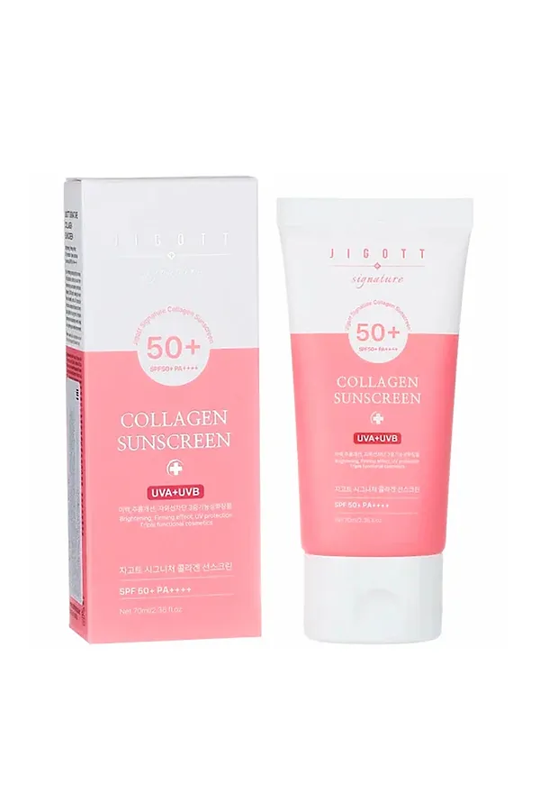 Jigott Крем для лица солнцезащитный с коллагеном / Signature Collagen Sunscreen SPF50+ PA++++, 70 мл KRISTALLER, розовый - фото 1