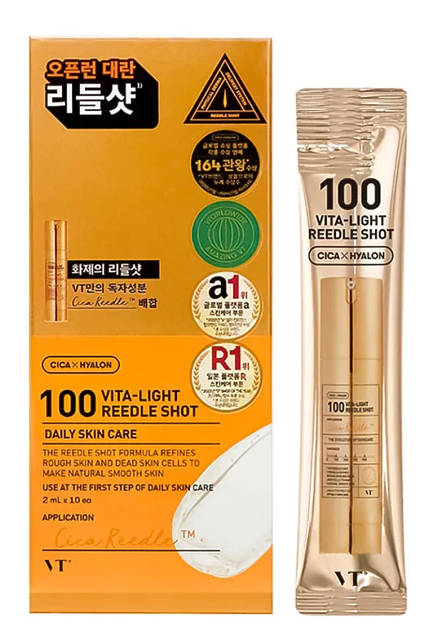 VT Cosmetics Бустер-сыворотка для лица с микроиглами и витамином C / Vita-Light Reedle Shot 100 Stick, 10 x 2 мл KRISTALLER, золотой - фото 1
