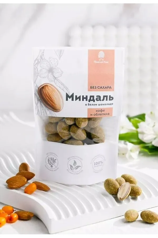 Миндаль в белом шоколаде с кофе и облепихой б.сахара 60г ЭКОПРОДУКТЫ, - - фото 1