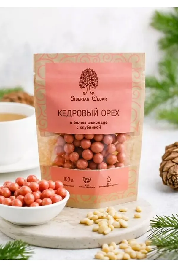 Ядро кедрового ореха в белом шоколаде с клубникой крафт 60г ЭКО-ПРОДУКТЫ, - - фото 1