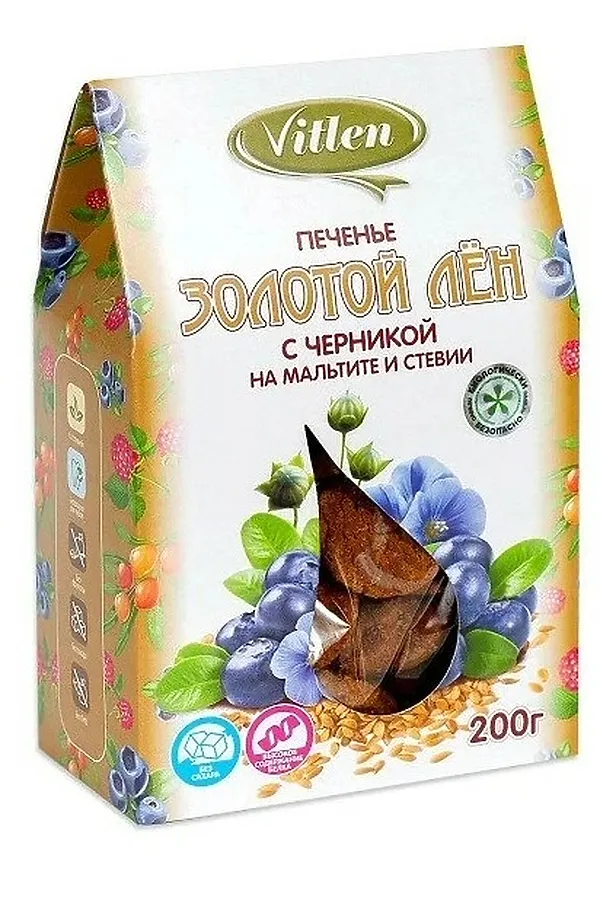 Печенье льняное с черникой на мальтите и стевии "Золотой Лён" 200г ЭКО-ПРОДУКТЫ, - - фото 1