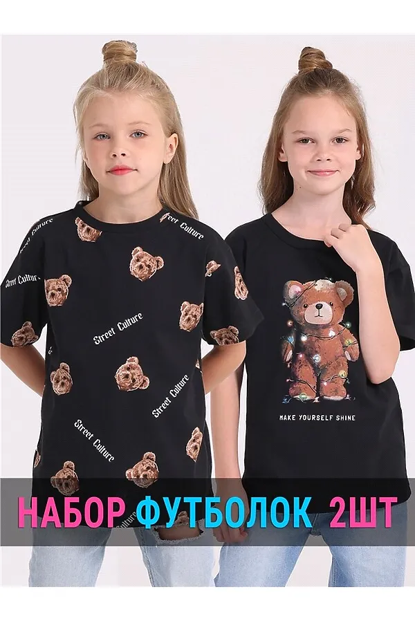Футболки, 2 шт. АПРЕЛЬ, черный+тедди на черном - фото 1