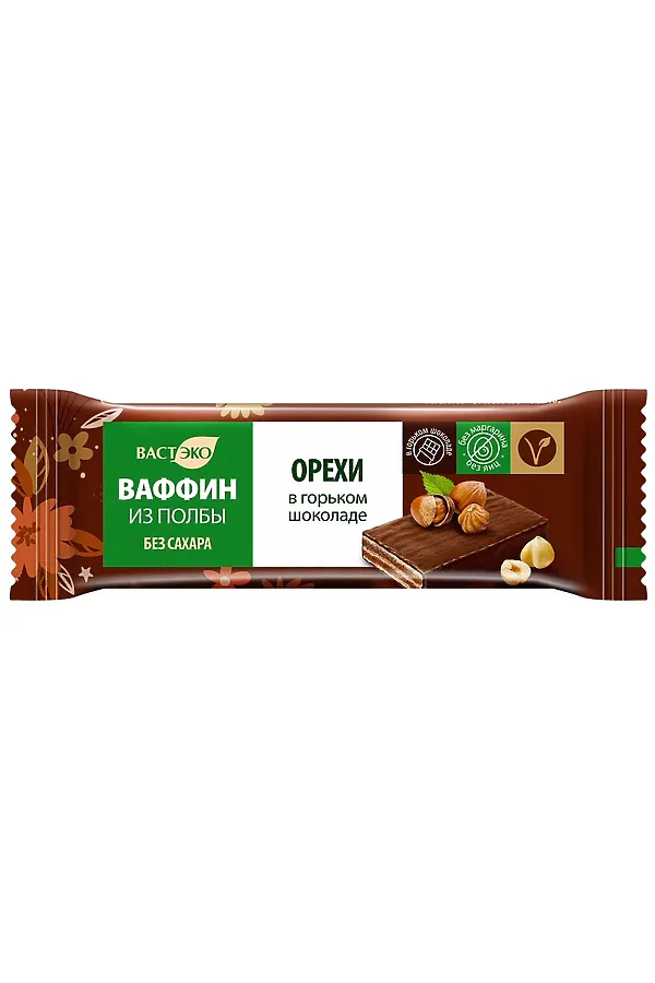Ваффин из полбы "Орехи в горьком шоколаде" без сахара 26г ЭКО-ПРОДУКТЫ, - - фото 1