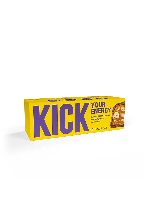 Батончик "KICK energy" арахисовый в карамельном шоколаде 45г ЭКО-ПРОДУКТЫ, - - фото 1