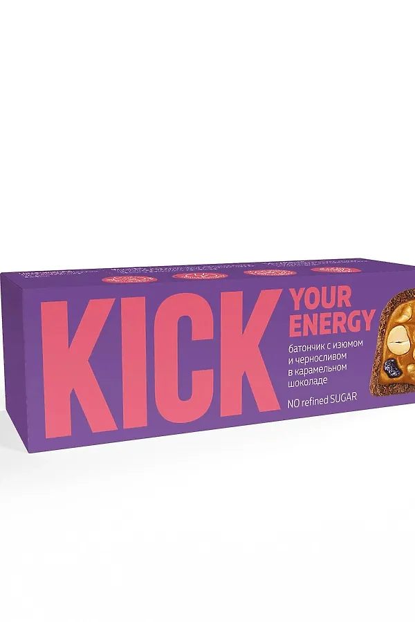 Батончик "KICK energy" арахисовый с изюмом и черносливом в карамельном шоколаде 45г ЭКО-ПРОДУКТЫ, - - фото 1