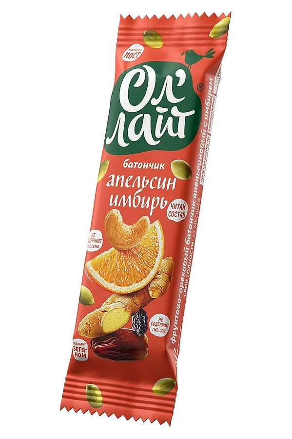 Батончик фруктово-ореховый Ол`Лайт апельсин с имбирём 30г ЭКО-ПРОДУКТЫ, - - фото 1