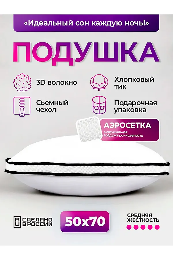 Подушка 50х70 с аэросеткой, средняя жесткость, анатомическая, наполнитель 3D волокно, гипоаллергенная, съемный чехол из хлопка НАТАЛИ, бело-синий - фото 1