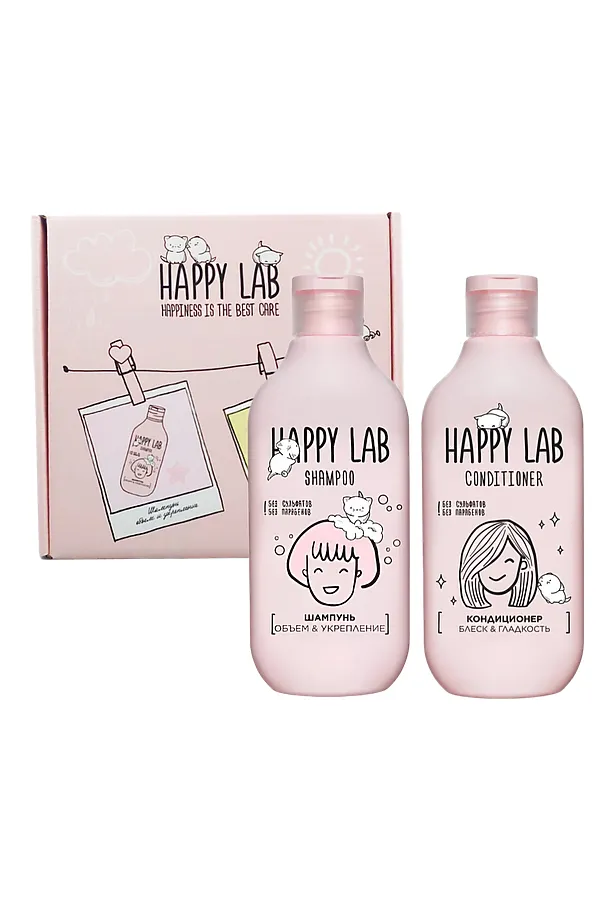 Happy Lab Набор средств для ухода за волосами / Шампунь «Объем & Укрепление» + Кондиционер «Блеск & Гладкость», 300 мл x 2 KRISTALLER, ассорти - фото 1