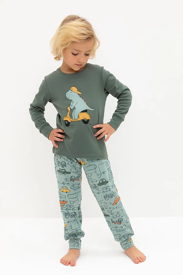 Пижама CROCKID, зеленый мох,машинки - фото 1