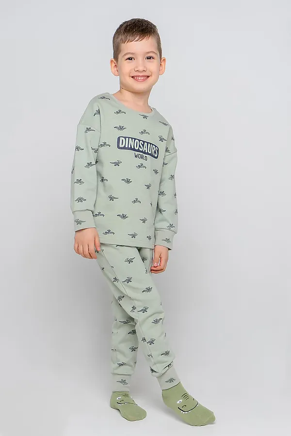 Пижама CROCKID, темно-оливковый,маленькие динозавры - фото 1