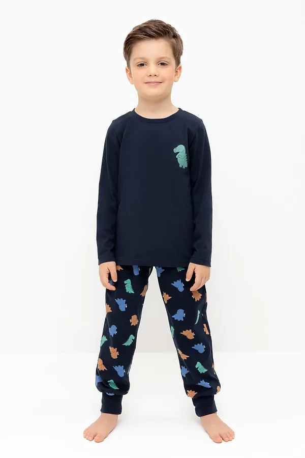 Пижама CROCKID, индиго,цветные мини дино - фото 1