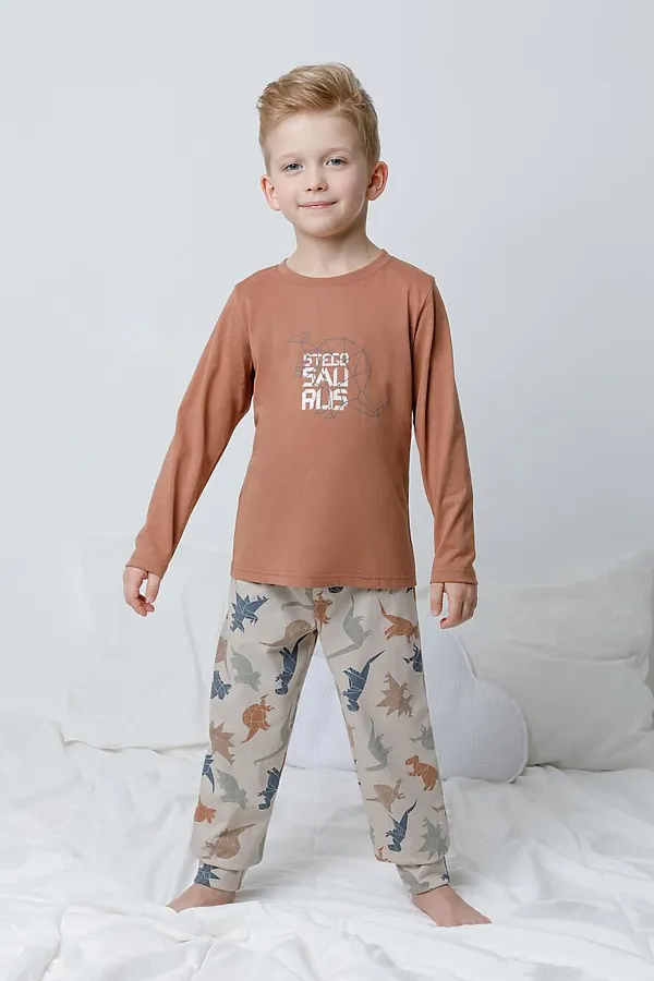 Пижама CROCKID, кофейный мусс,цветные динозавры - фото 1