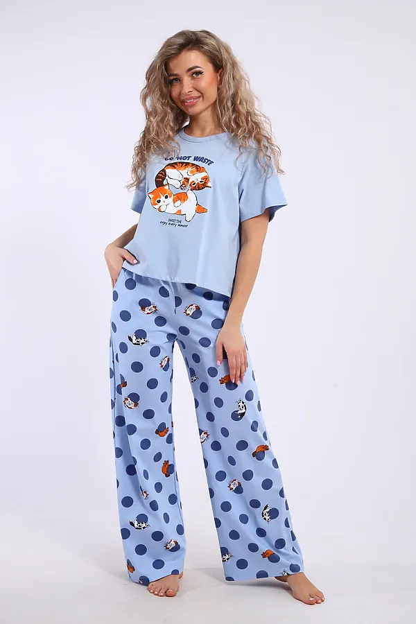 Костюм с брюками арт. КД-00-007 НАТАЛИ, голубой/котята-горошки - фото 1