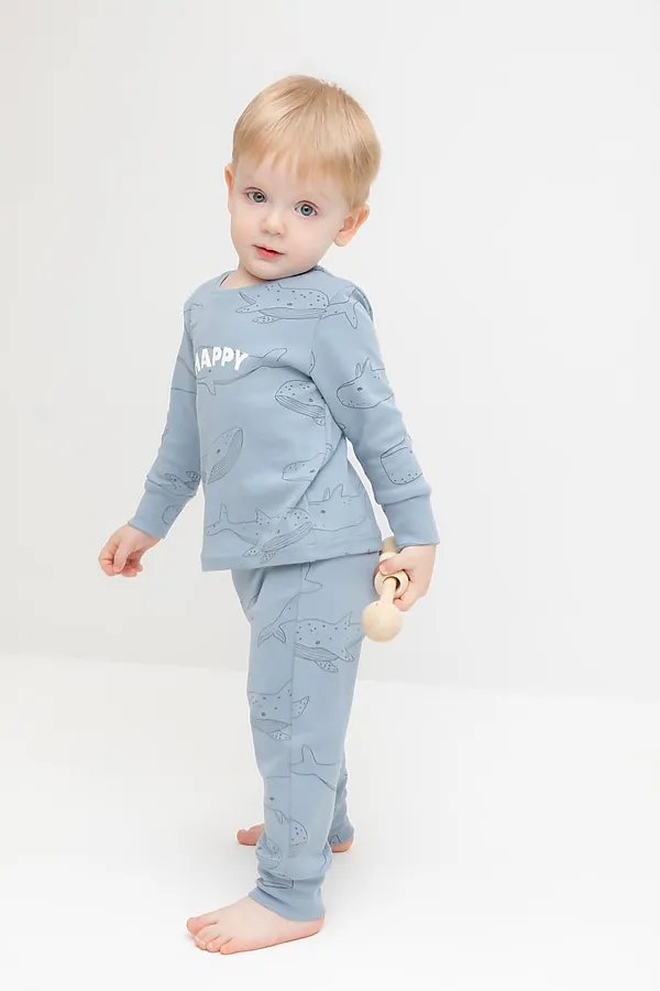 Пижама CROCKID, пыльно-синий,большие киты - фото 1